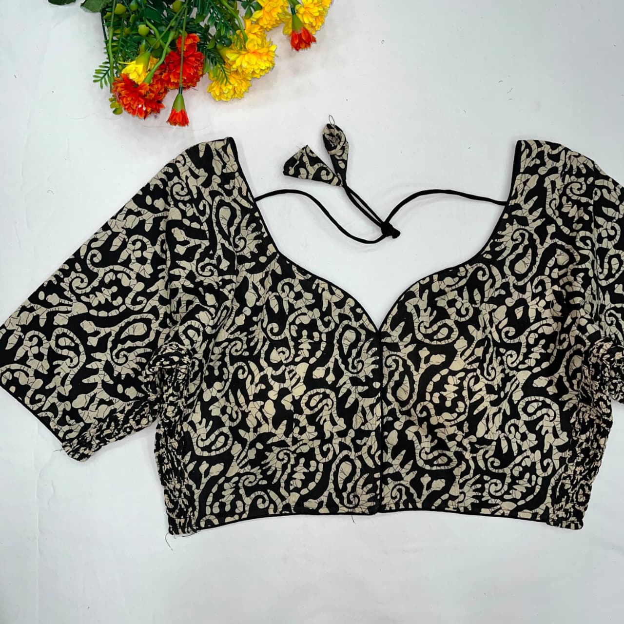 Trending ajarakh print cotton elastic pattern fancy ready made blouse