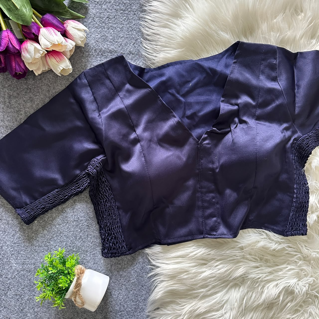Soft silk fabric with elastic attach for better fitting ready made blouse