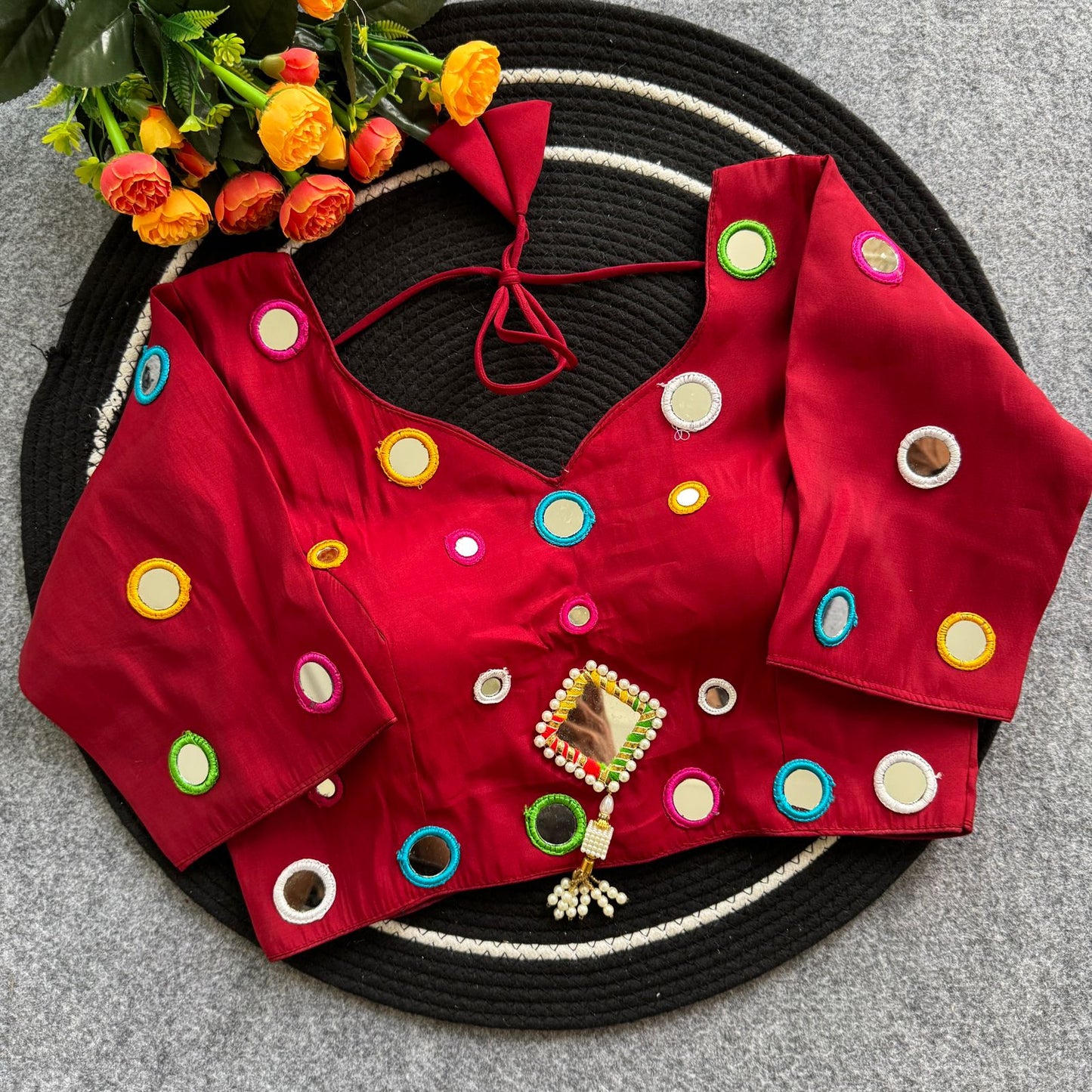 Pure Roman Silk mirror work ready made blouse