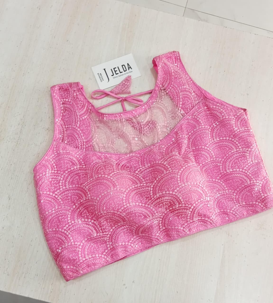 Boatneck with net work sleeveless ready made blouse