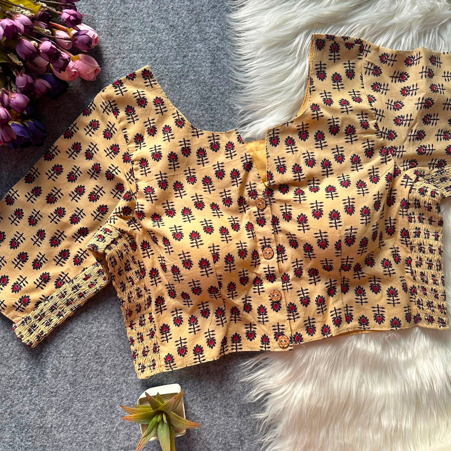 Beautiful hand block print with side elastic ready made blouse