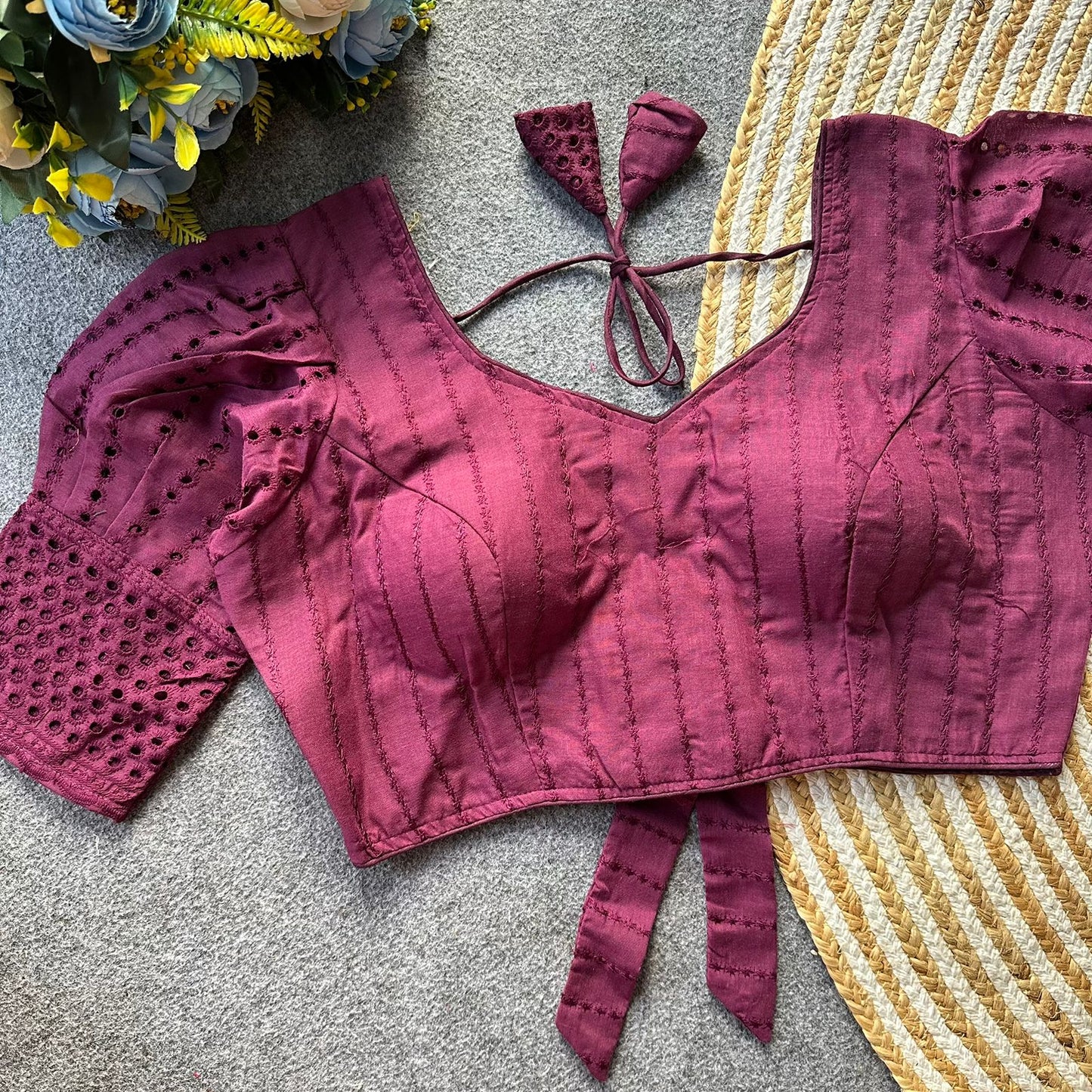 Pure hakoba cotton puff sleeve with bow ready made blouse