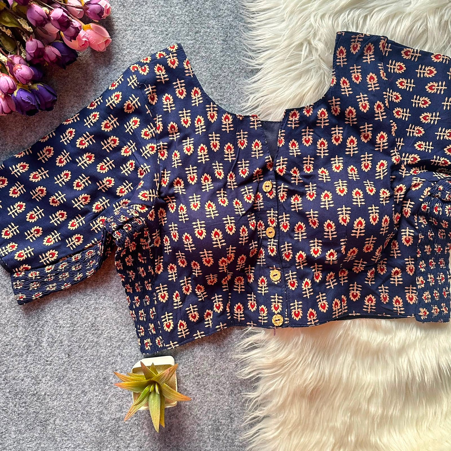 Beautiful hand block print with side elastic ready made blouse