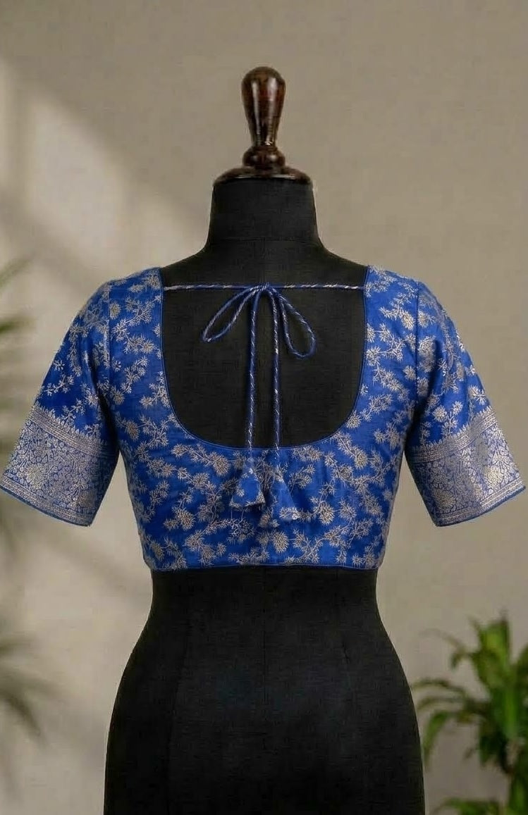 Royal Blue Gold Brocade Designer ready made blouse