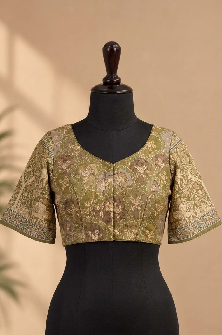 Olive Green Brocade Tree-of-Life Deep-Back ready made blouse