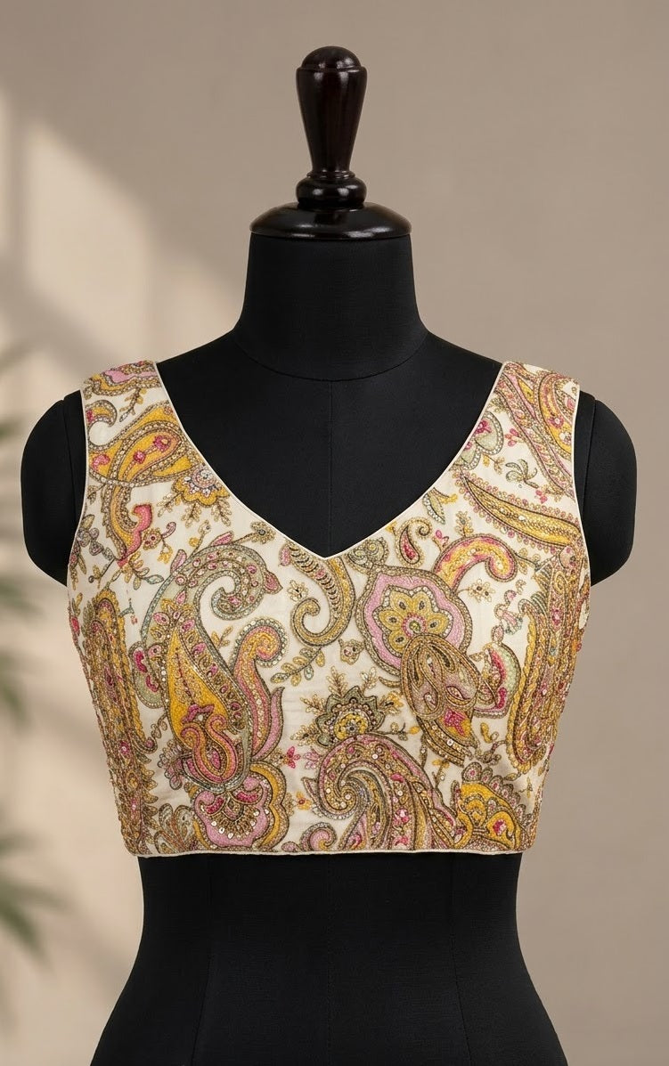 Ivory Paisley Hand-Embroidered Sleeveless ready made blouse