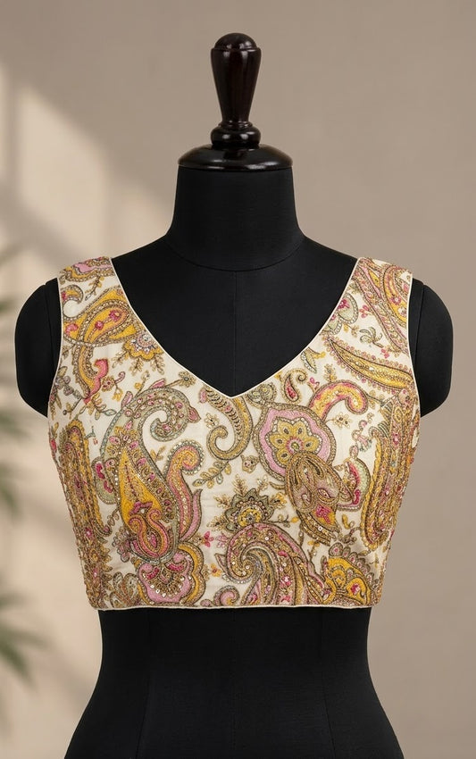 Ivory Paisley Hand-Embroidered Sleeveless ready made blouse