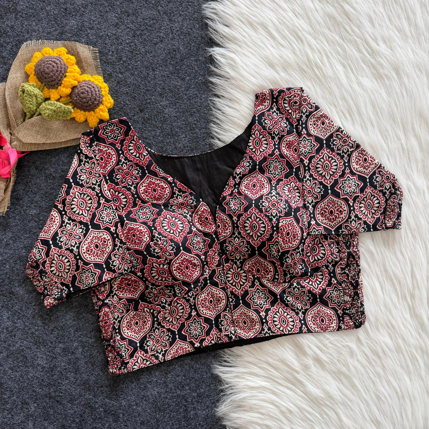Beautiful hand block print with side elastic ready made blouse