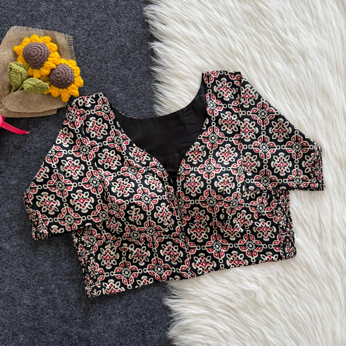 Beautiful hand block print with side elastic ready made blouse