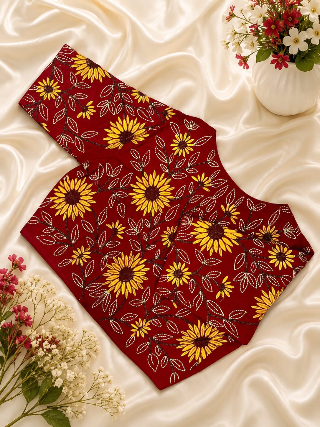 Cotton sunflower embroidery work ready made blouse