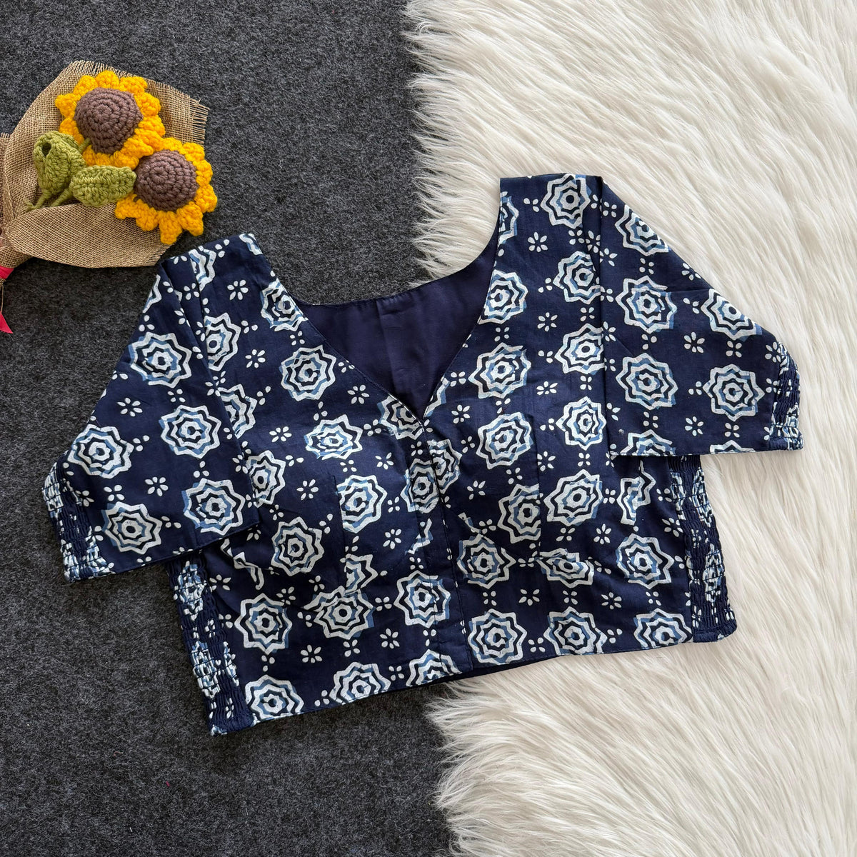 Beautiful hand block print with side elastic ready made blouse