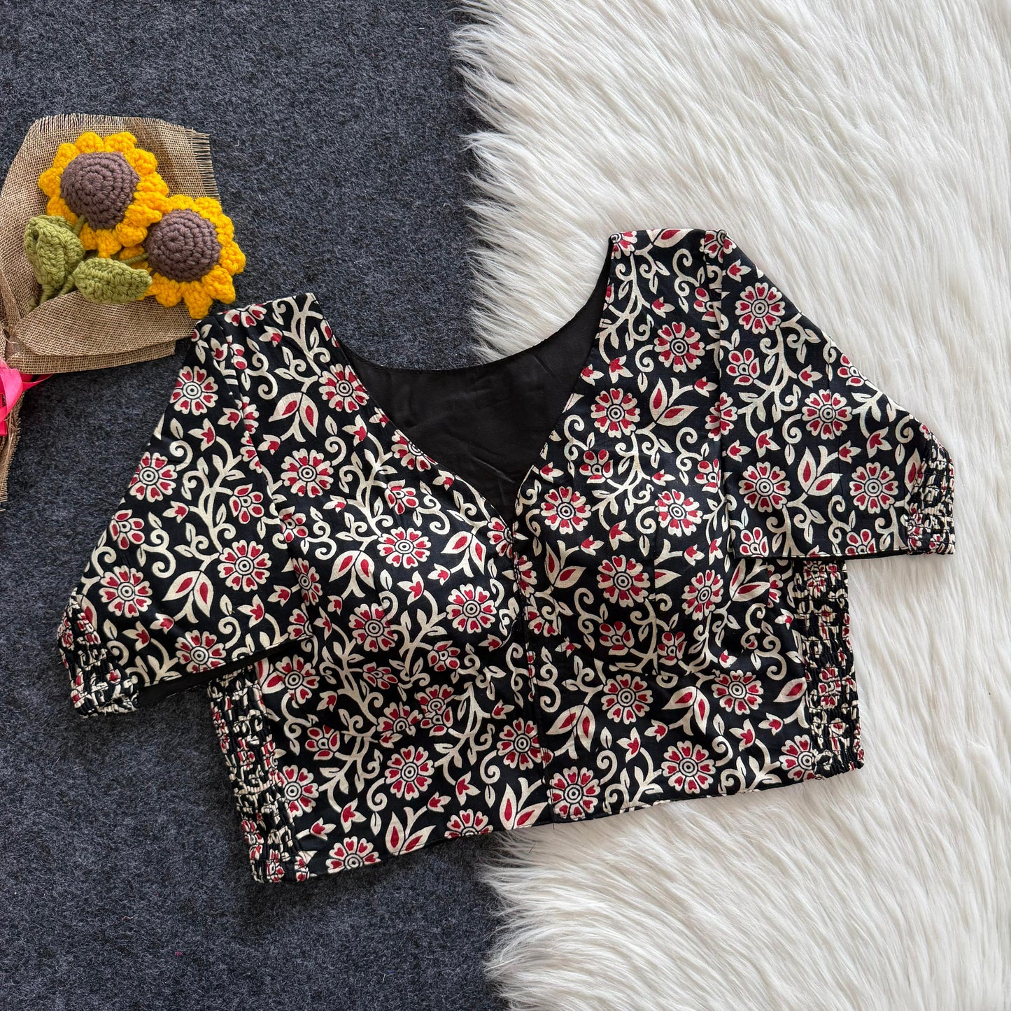 Beautiful hand block print with side elastic ready made blouse