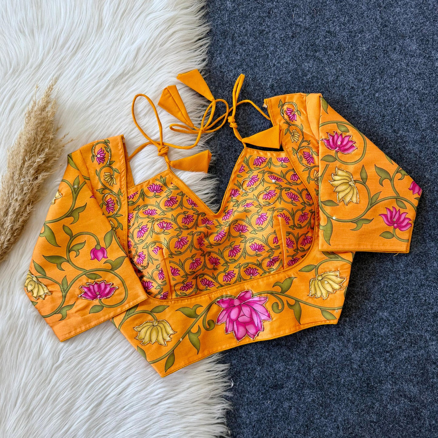 Semi pure silk fabric with Decent print all over blouse with antique handcrafted work ready made blouse