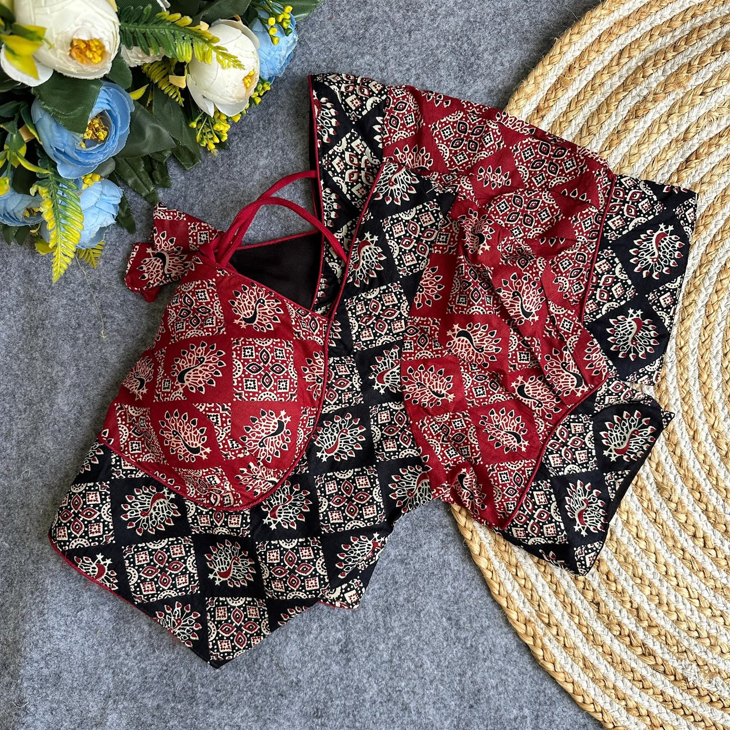Original ajrakh cotton halter neck puff sleeve ready made blouse
