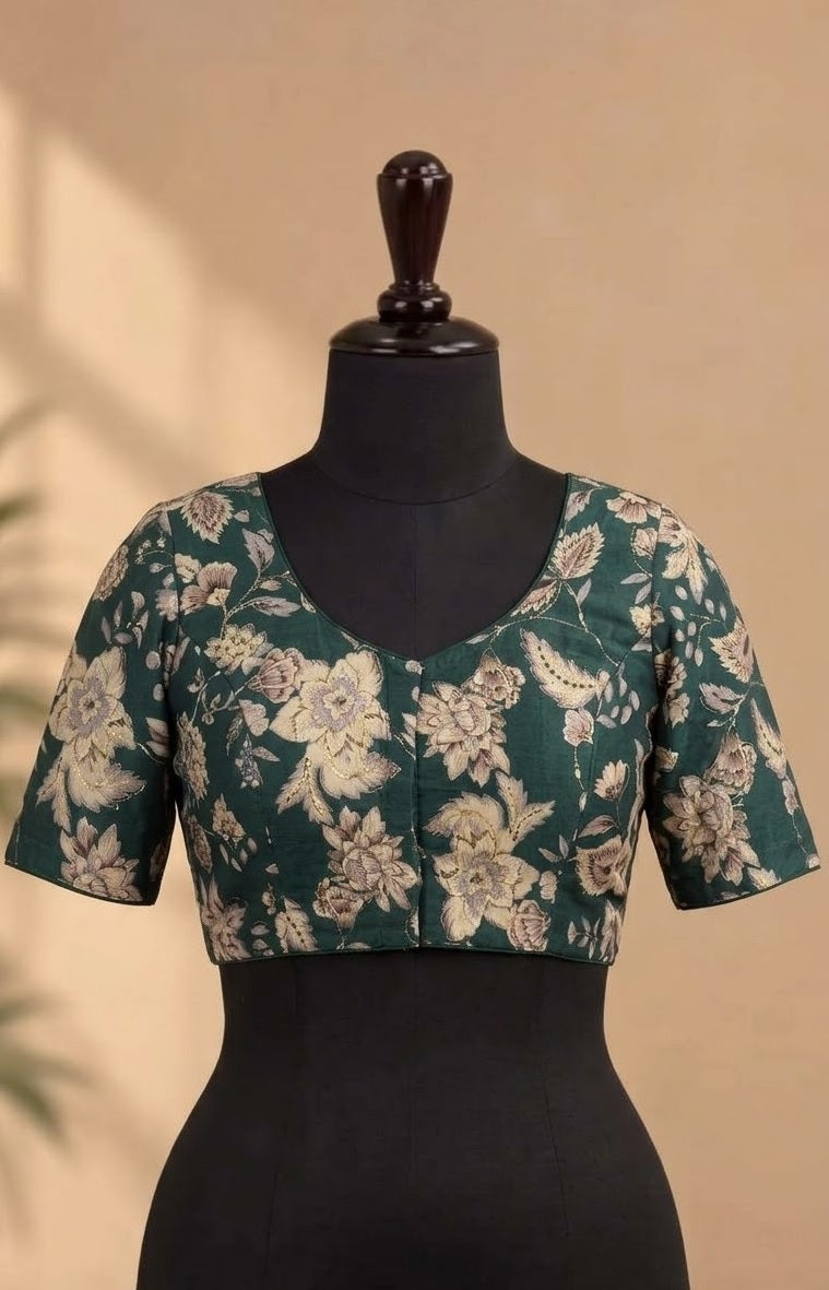Forest Green Floral Brocade Designer ready made blouse