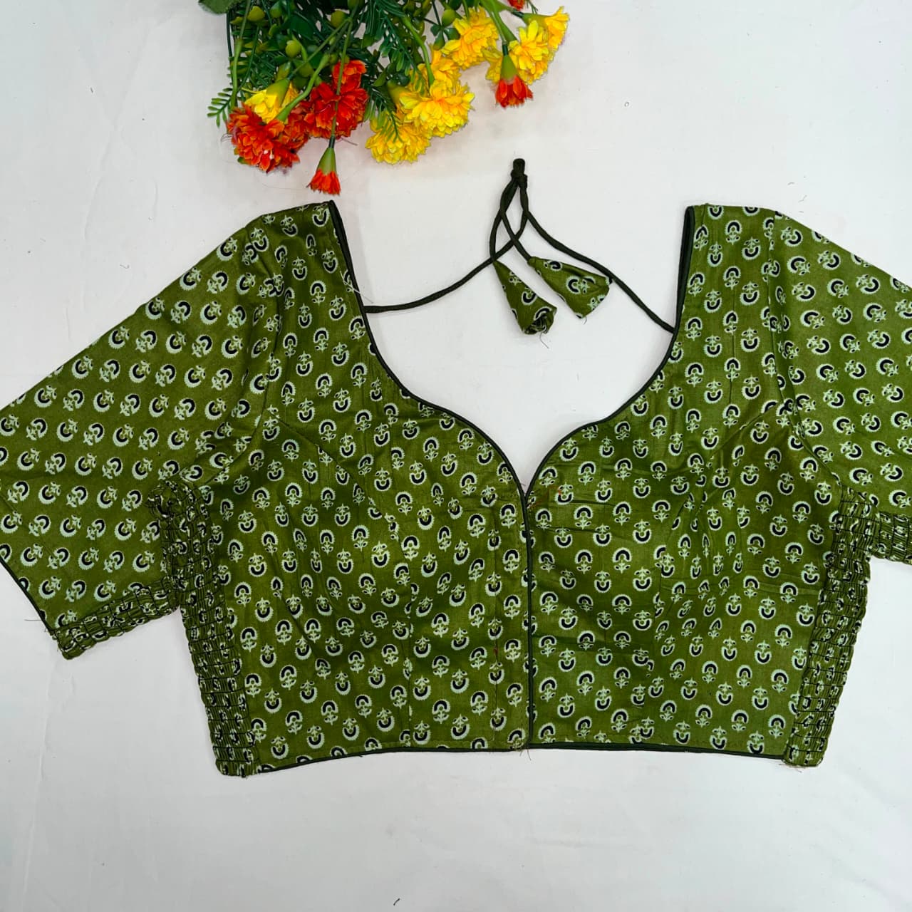 Trending ajarakh print cotton elastic pattern fancy ready made blouse