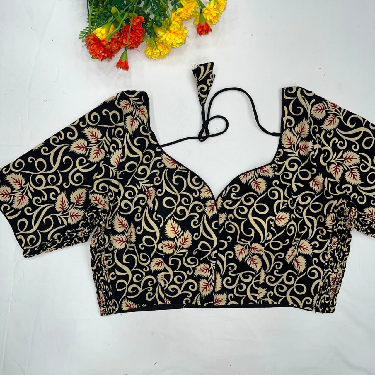 Trending ajarakh print cotton elastic pattern fancy ready made blouse