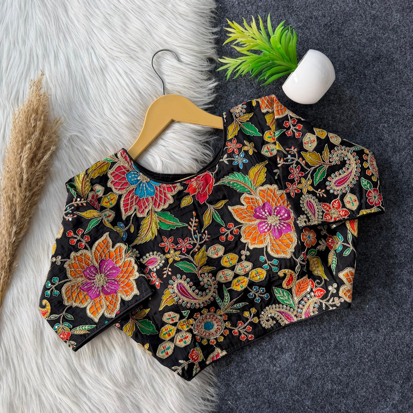 Beautiful flower print print all over blouse with embroidery work all over ready made blouse