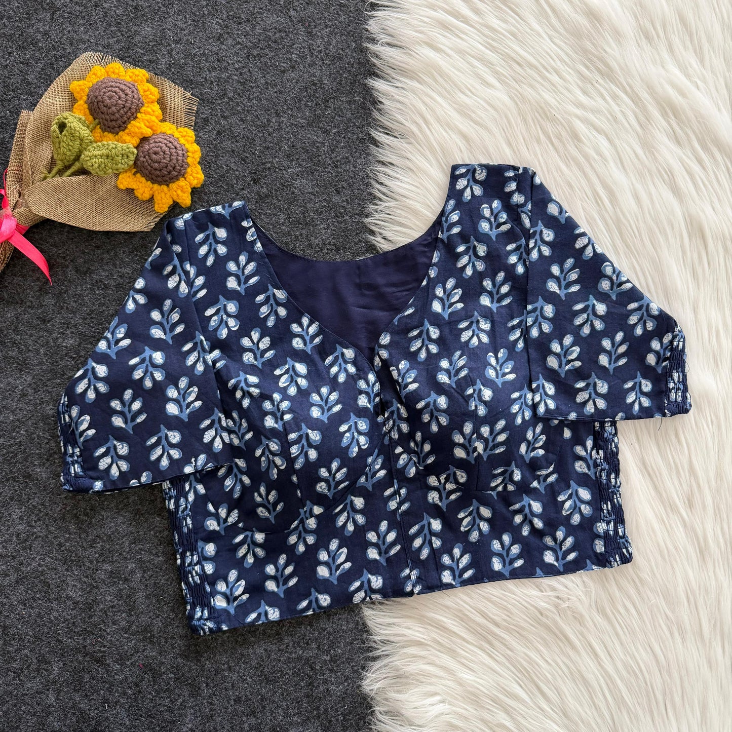 Beautiful hand block print with side elastic ready made blouse