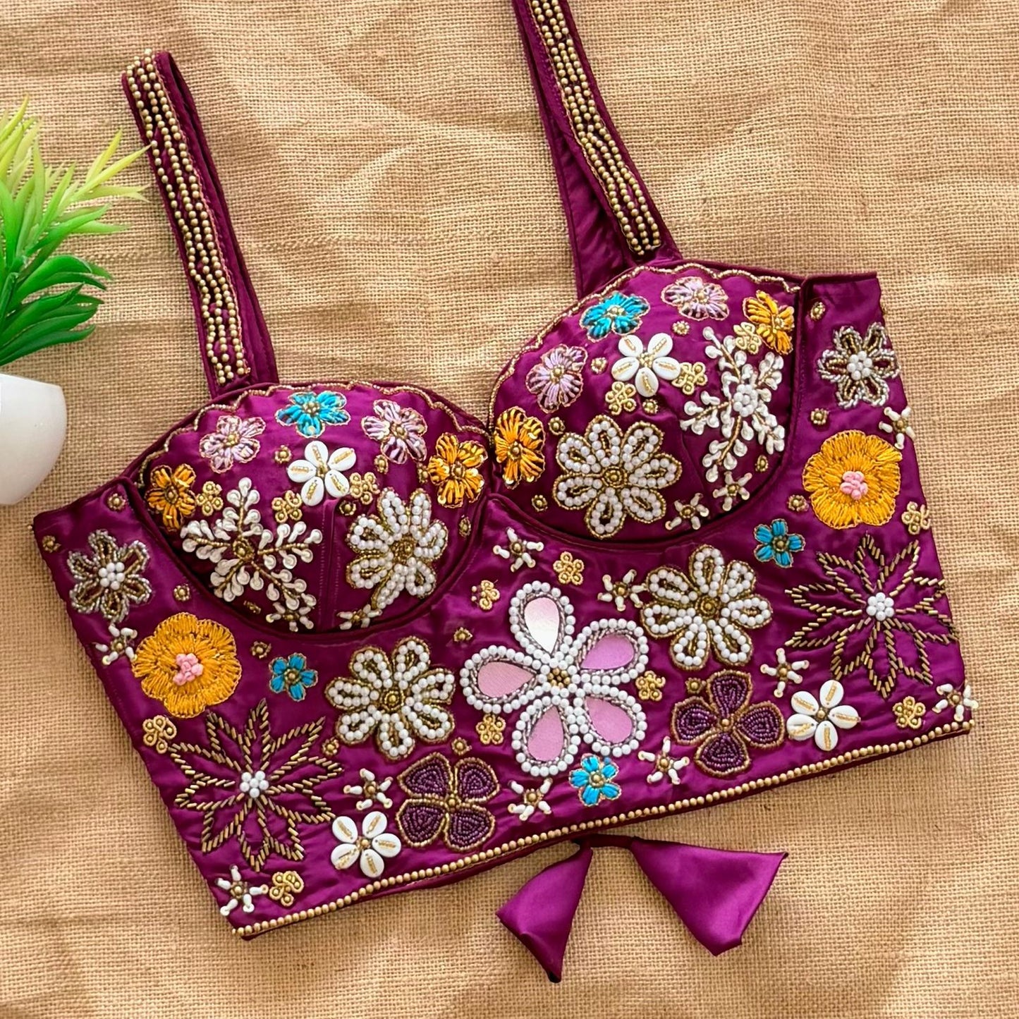 Beautiful handcrafted work all over with real mirror touch up and heavy thread all over ready made blouse