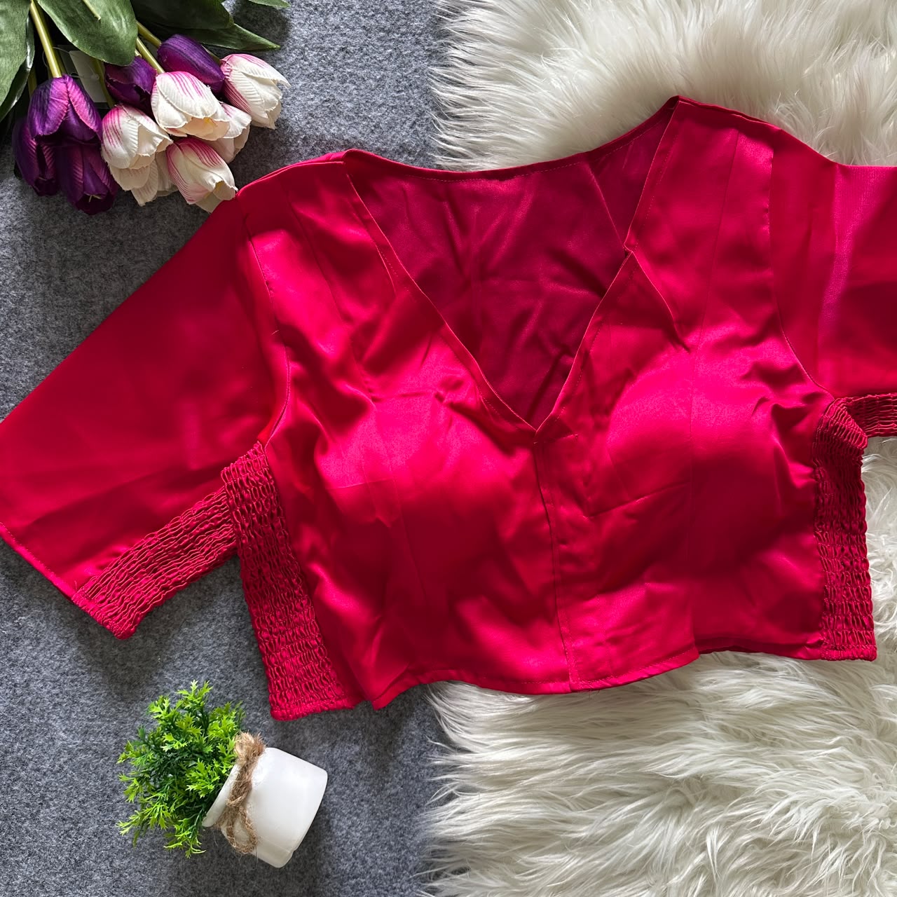 Soft silk fabric with elastic attach for better fitting ready made blouse