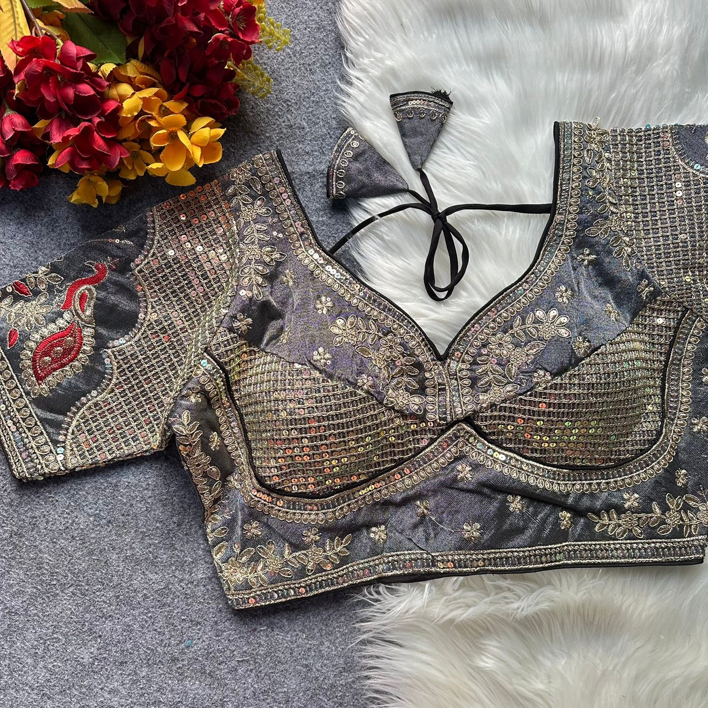 Heavy cosmoss silk embroidery work ready made blouse