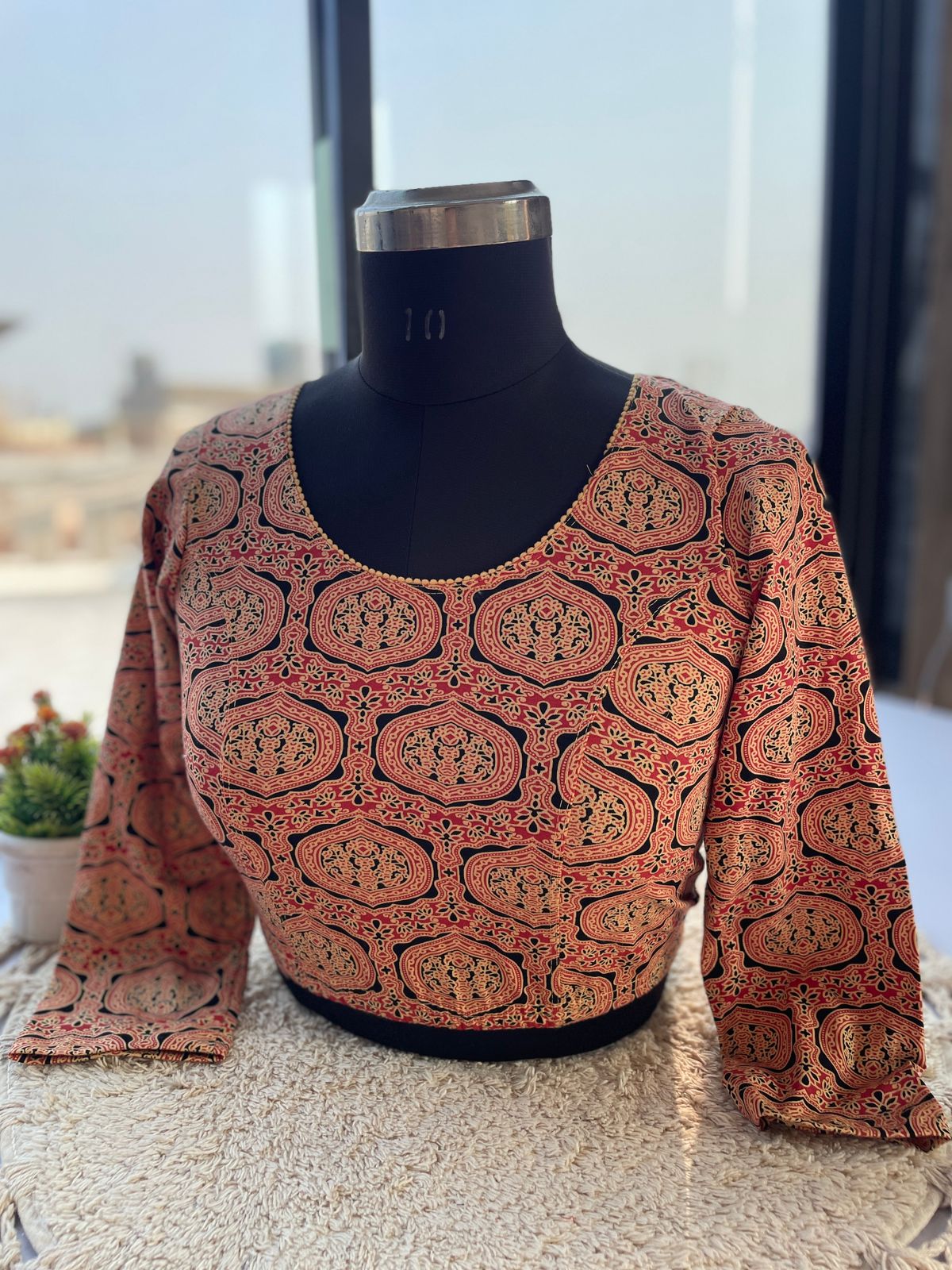Stretchable ajrakh cotton print ready made blouse