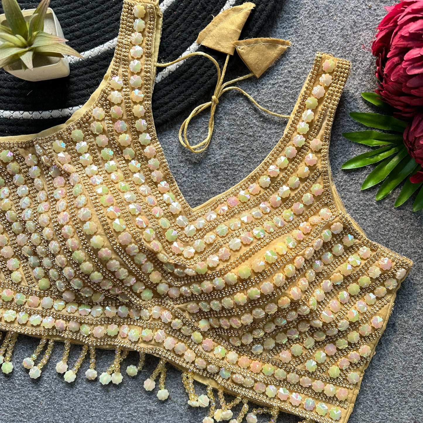 Pure handwork pearl, moti and beads cristal work ready made blouse
