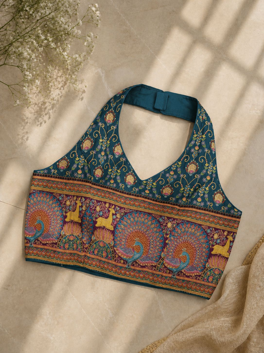 A beautiful 12 thread weaving of colours all over pure banarasi silk ready made blouse