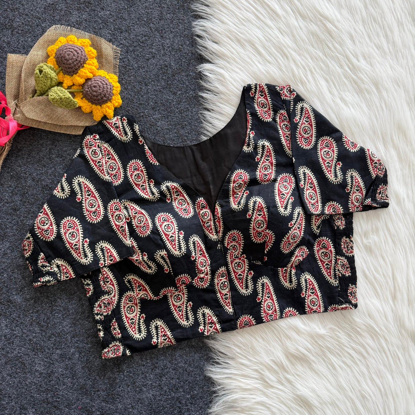 Beautiful hand block print with side elastic ready made blouse