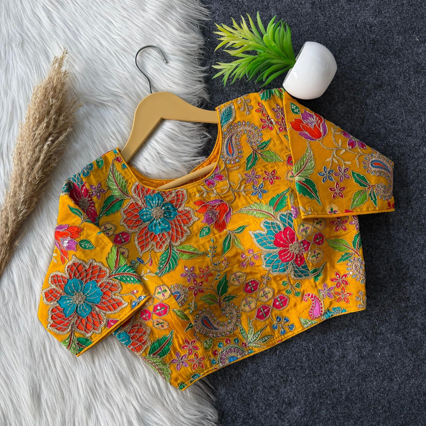 Beautiful flower print print all over blouse with embroidery work all over ready made blouse