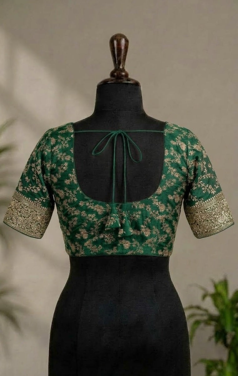 Emerald Green Zari Floral Embroidered Designer ready made blouse