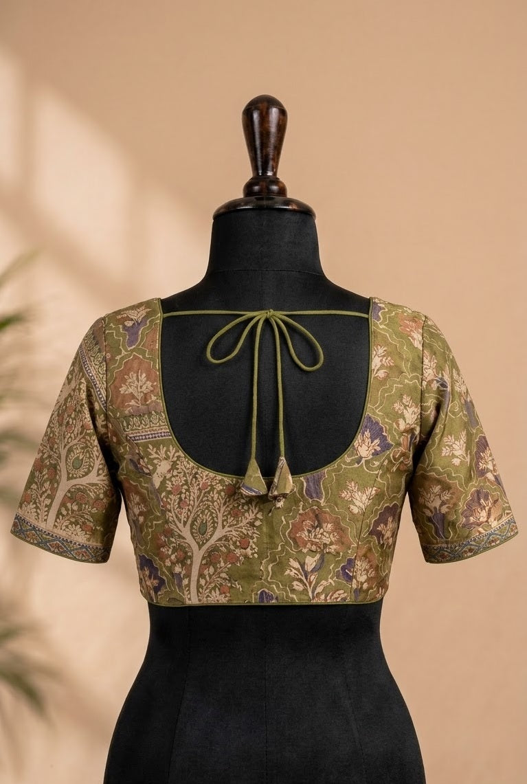 Olive Green Brocade Tree-of-Life Deep-Back ready made blouse