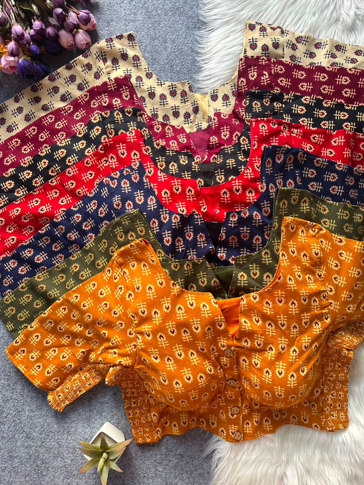 Beautiful hand block print with side elastic ready made blouse