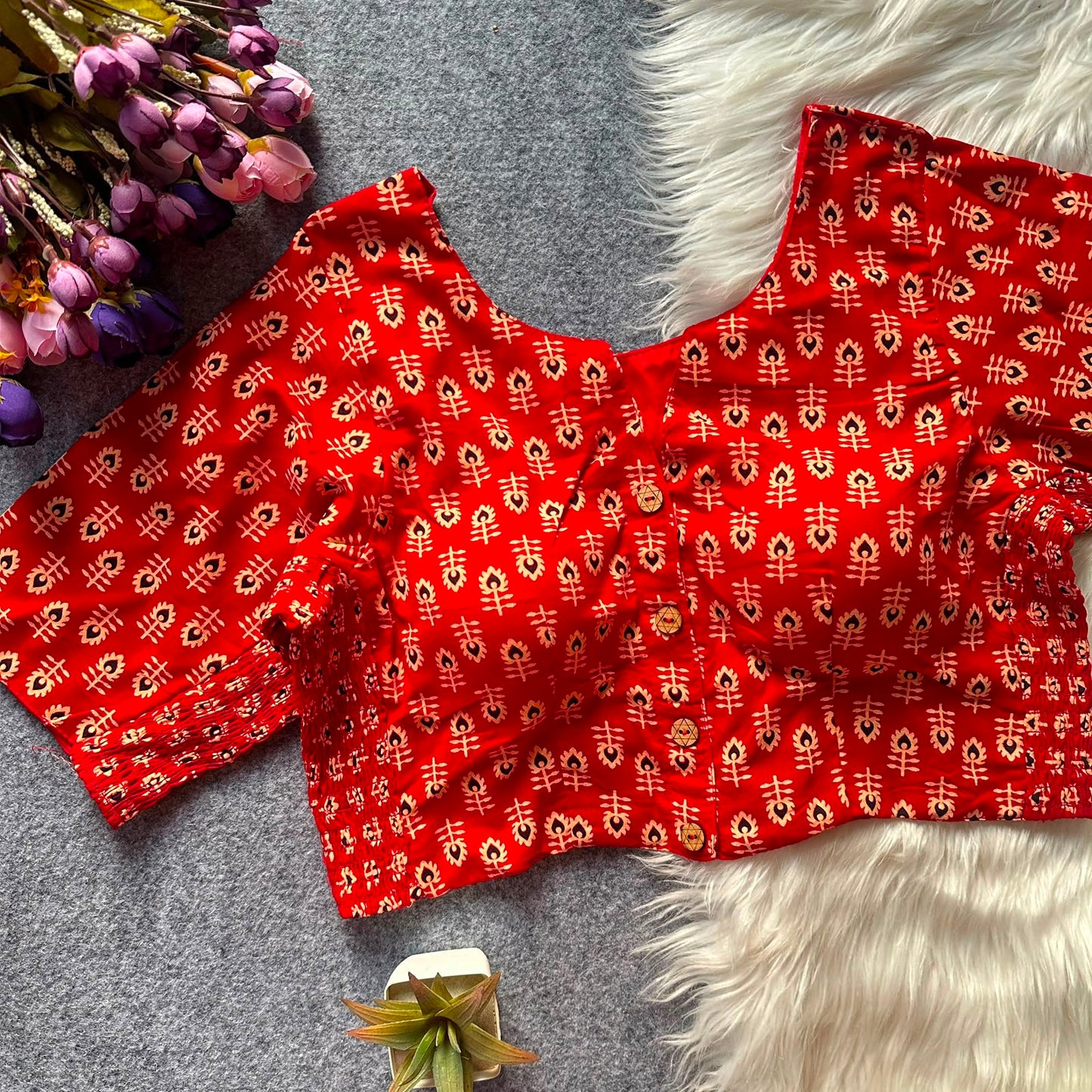 Beautiful hand block print with side elastic ready made blouse