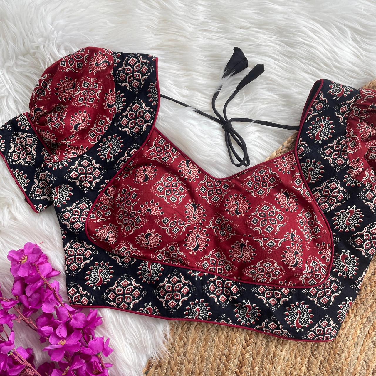 Original ajrakh cotton halter neck puff sleeve ready made blouse
