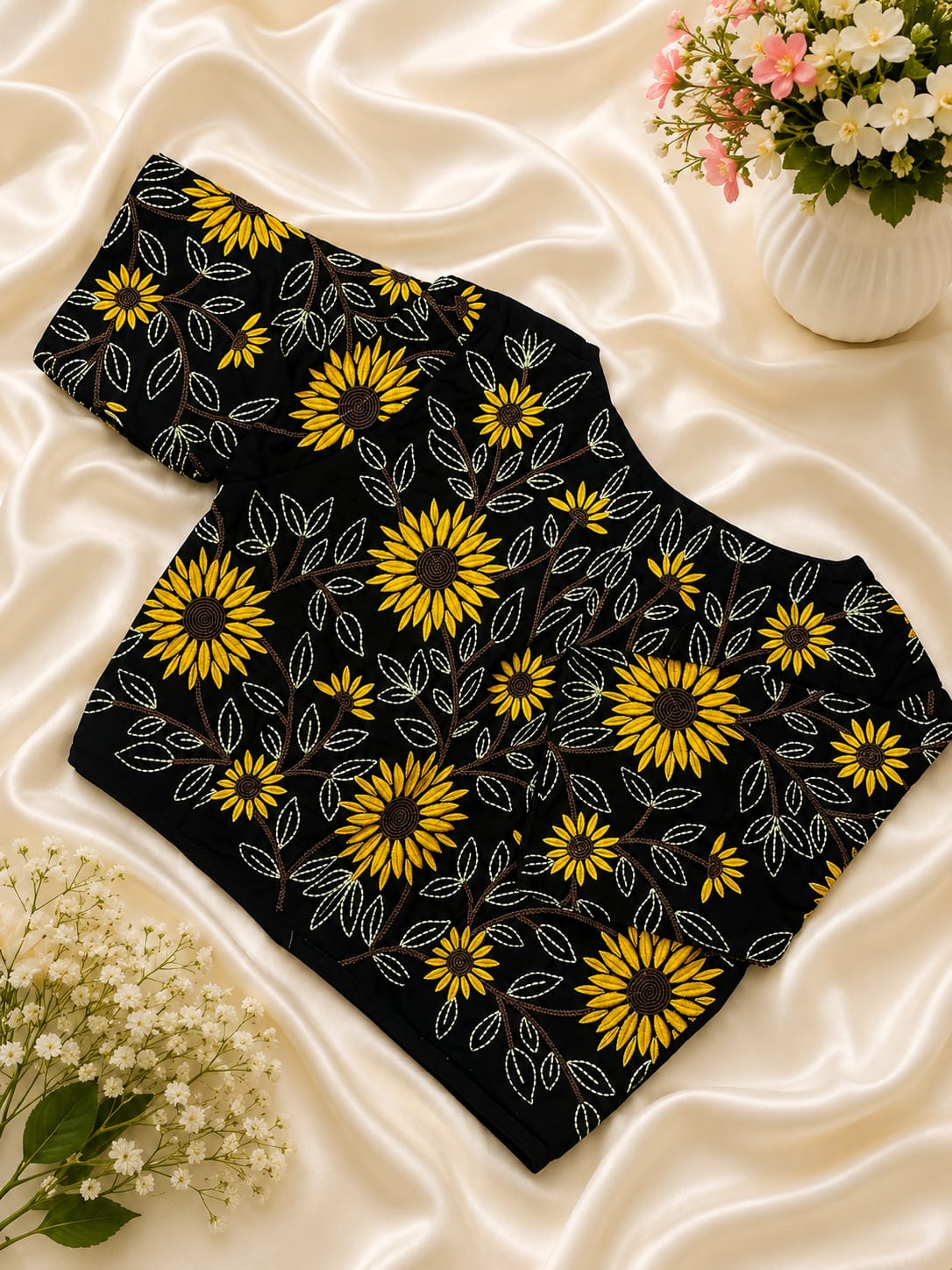 Cotton sunflower embroidery work ready made blouse