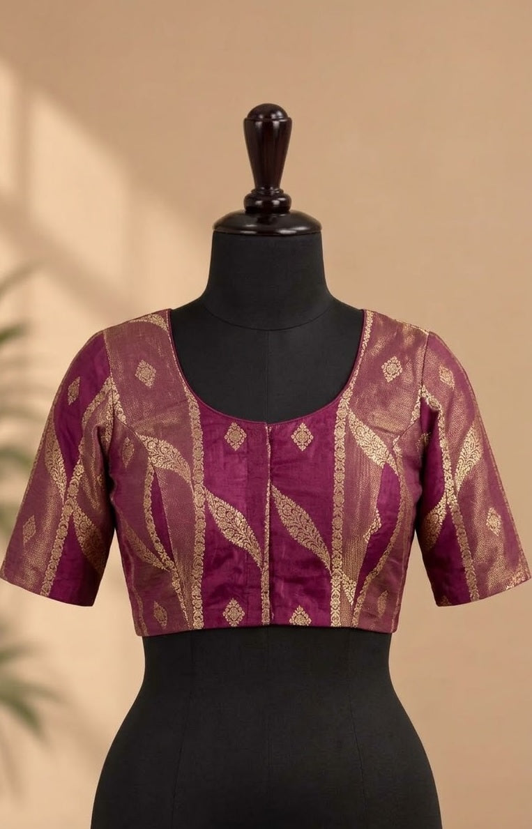 Plum Wine Zari Leheriya Deep-Back ready made blouse