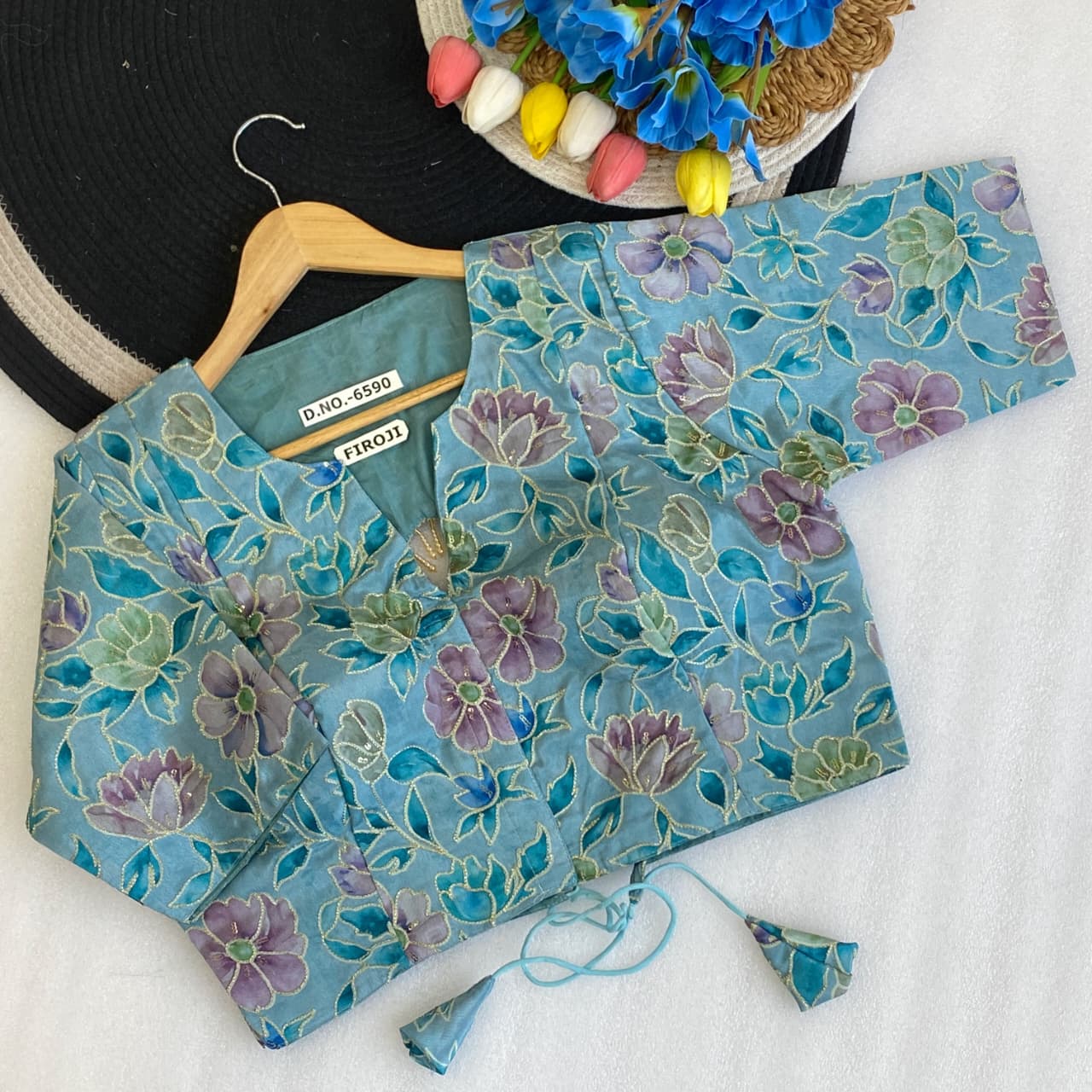 Pojisan print embroidery ready made blouse