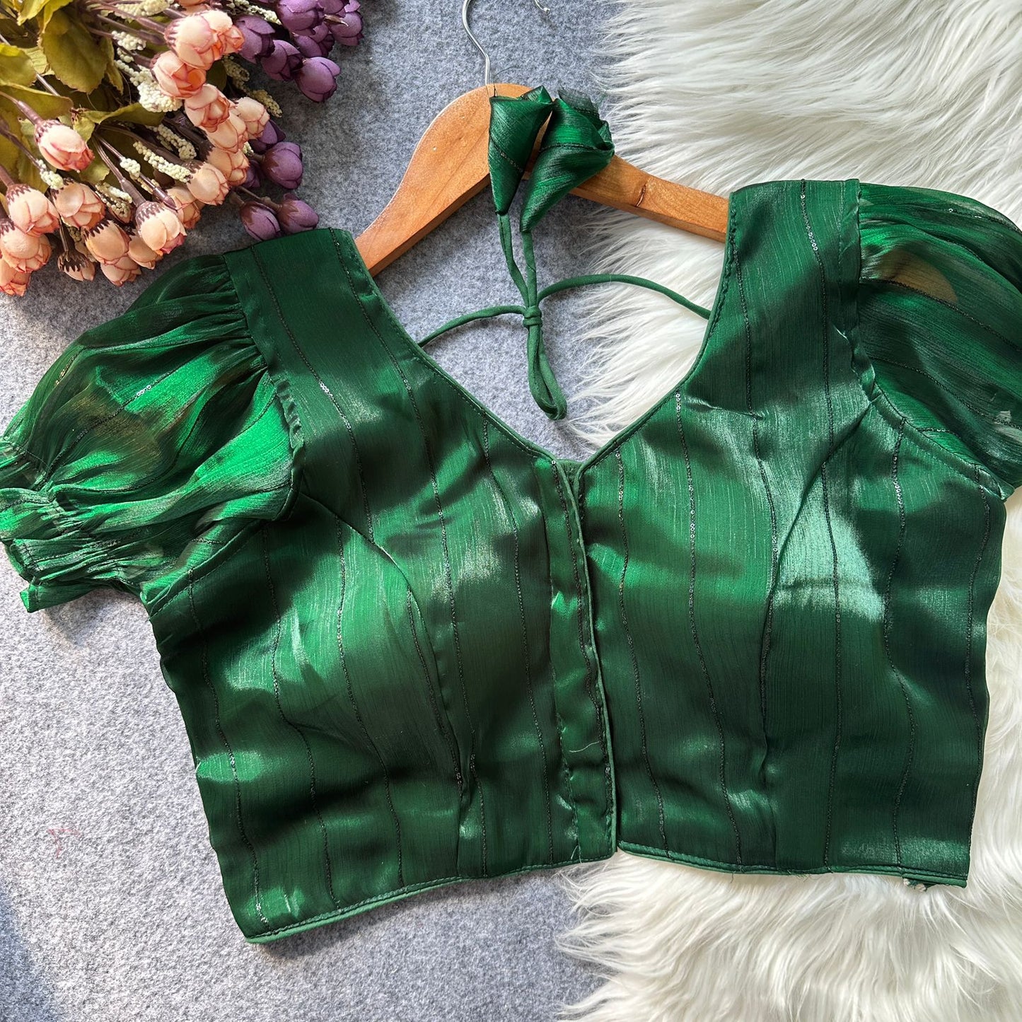 Two tone zimi chu slub shining material with sequins work ready made blouse