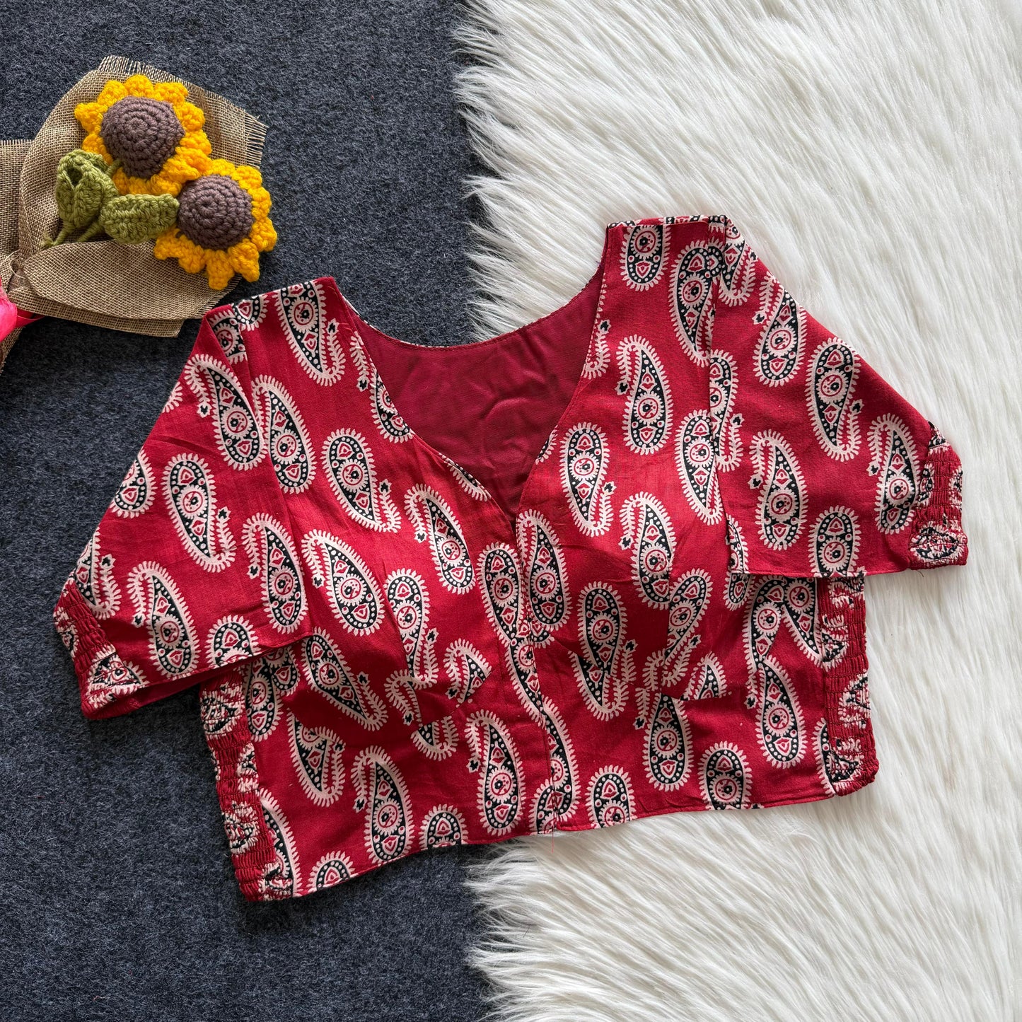 Beautiful hand block print with side elastic ready made blouse