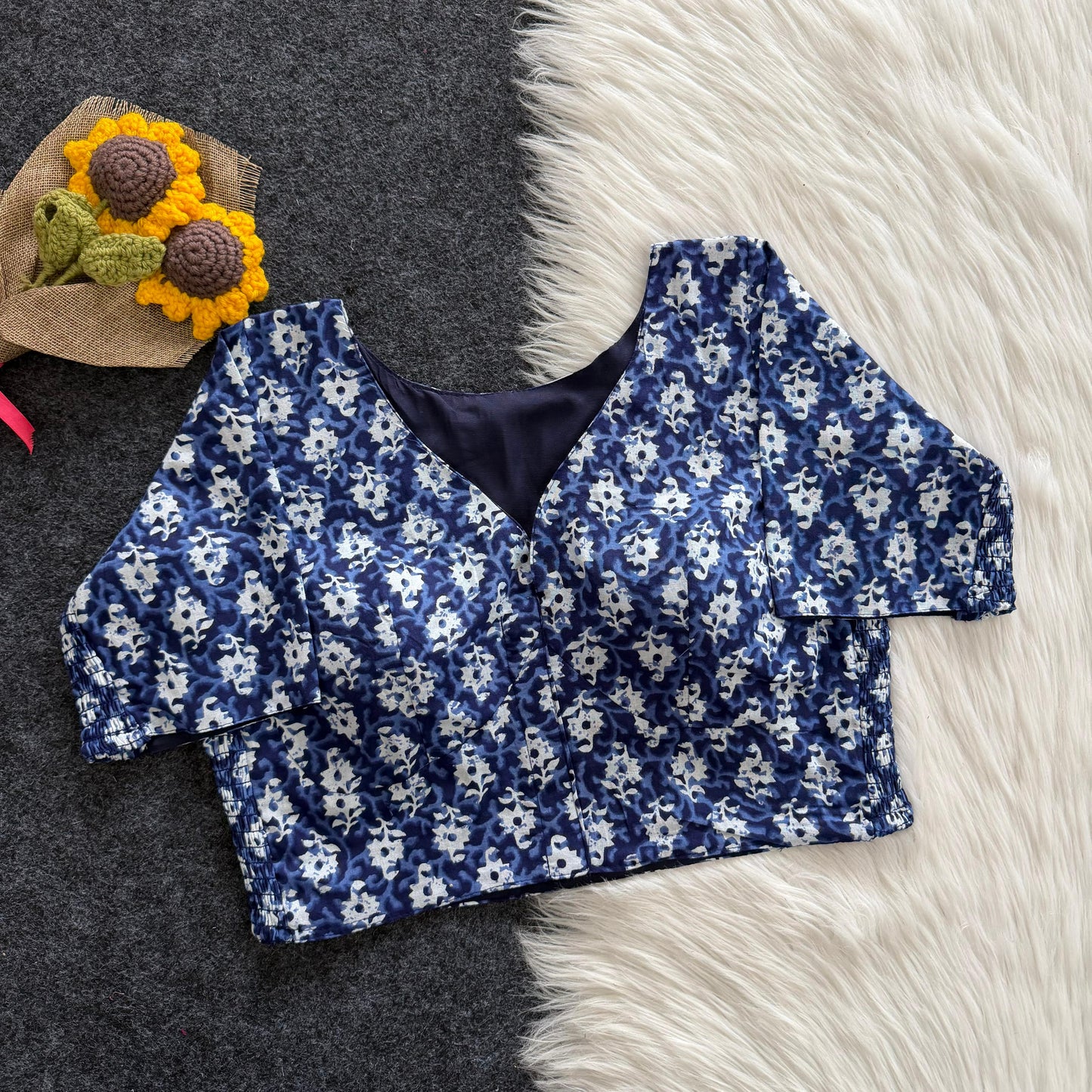 Beautiful hand block print with side elastic ready made blouse