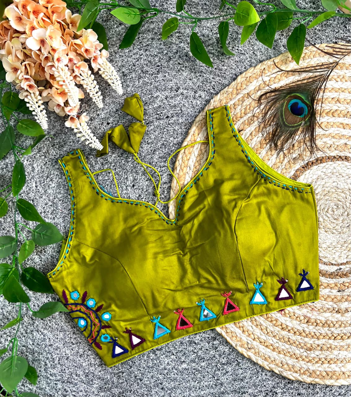 Multi thread with mirror hand work ready made blouse
