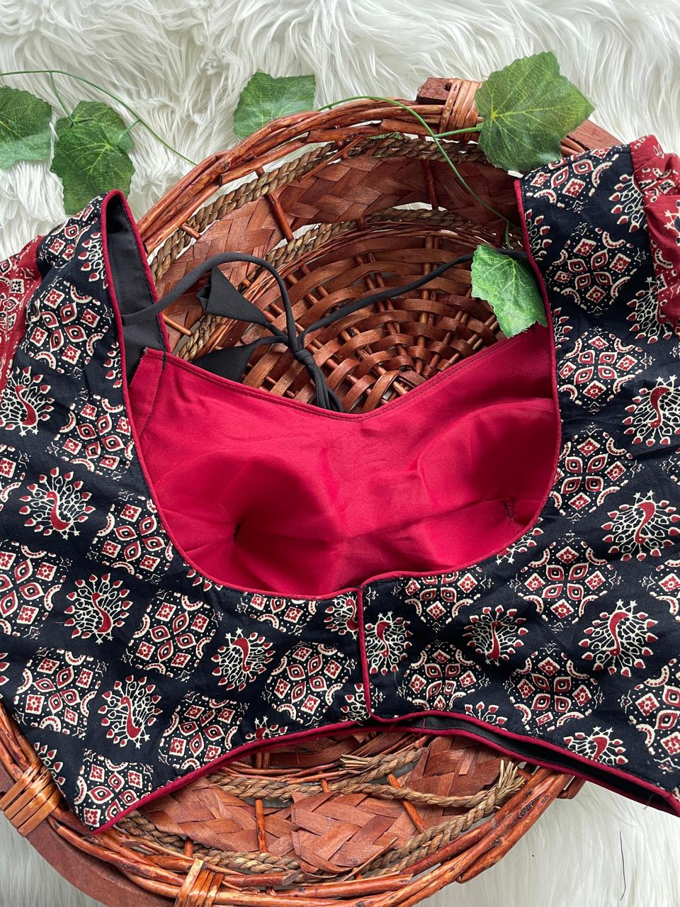Original ajrakh cotton halter neck puff sleeve ready made blouse