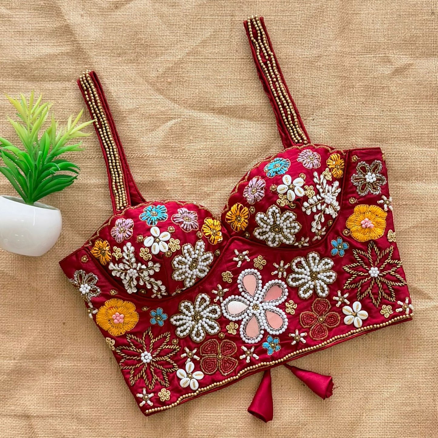 Beautiful handcrafted work all over with real mirror touch up and heavy thread all over ready made blouse