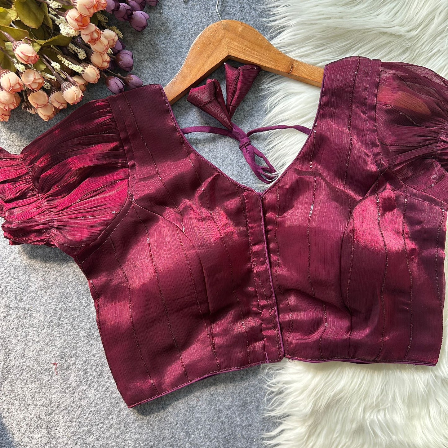 Two tone zimi chu slub shining material with sequins work ready made blouse