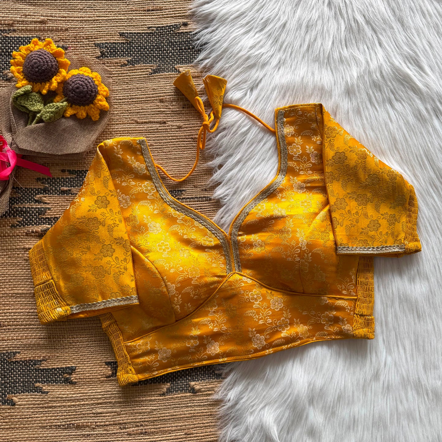 A beauty of weaving work all over with stretchable technology inside ready made blouse