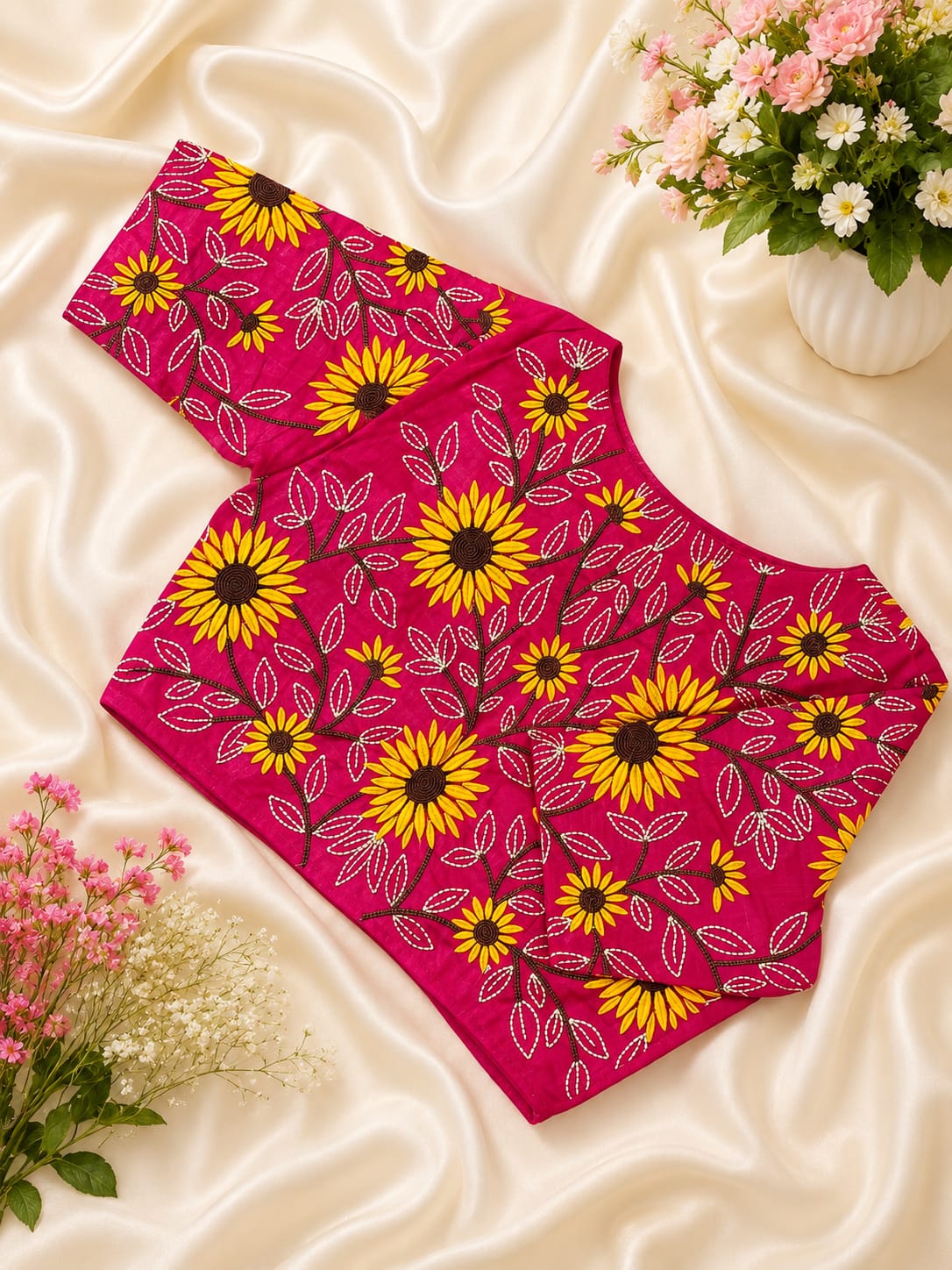 Cotton sunflower embroidery work ready made blouse