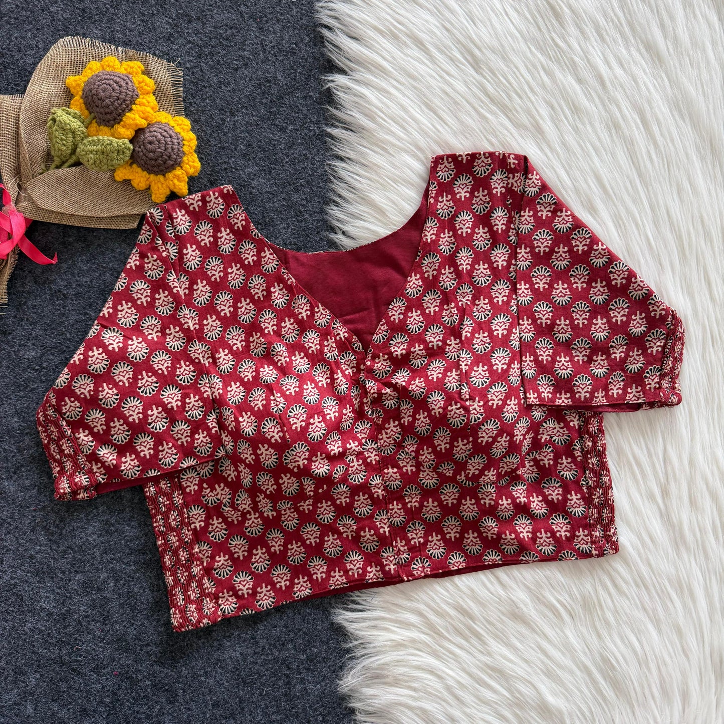 Beautiful hand block print with side elastic ready made blouse