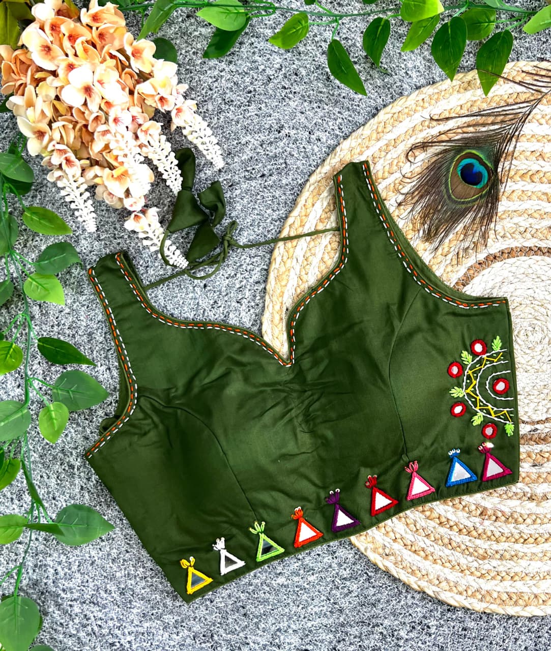 Multi thread with mirror hand work ready made blouse